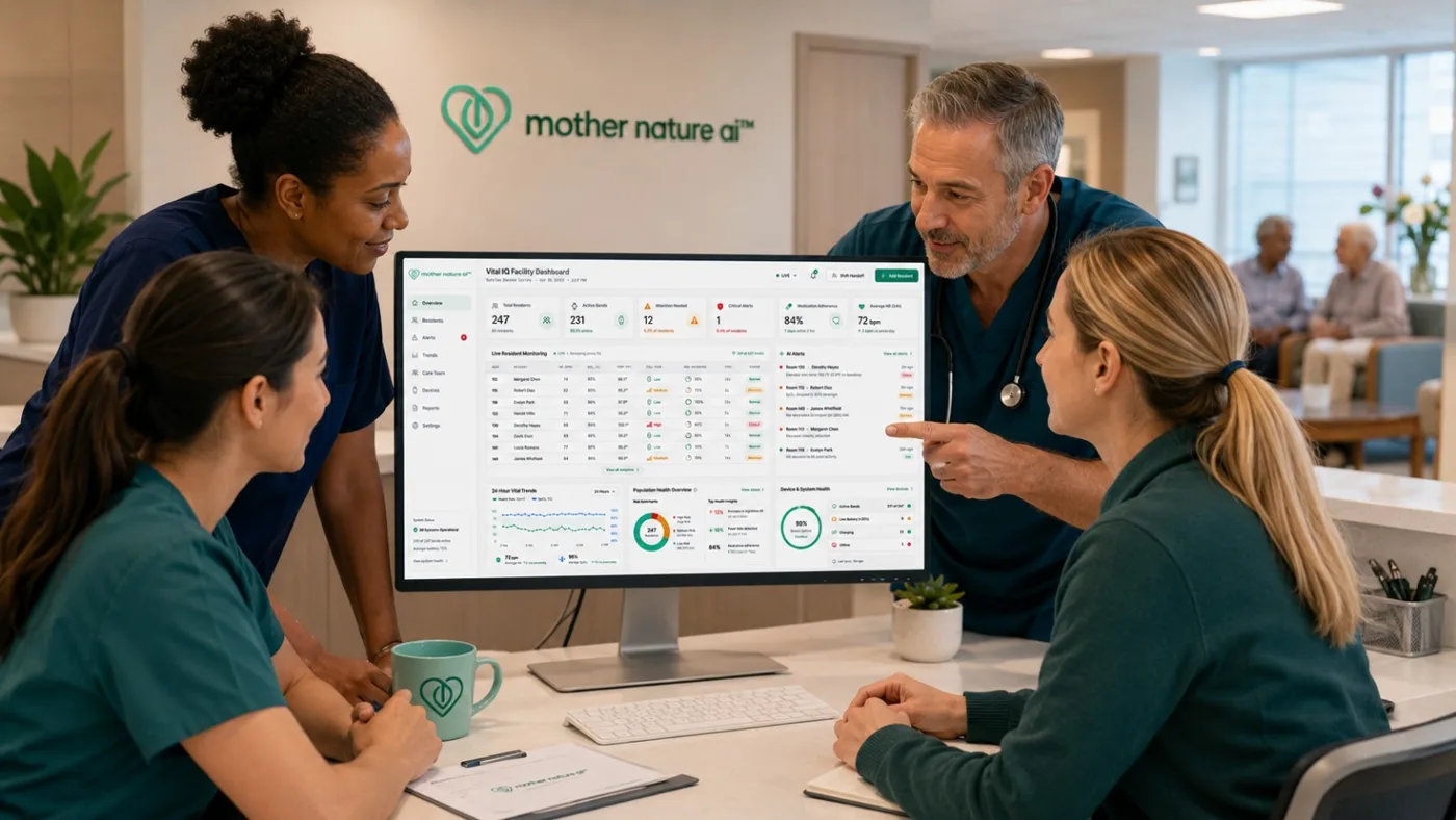 Care staff reviewing a facility dashboard